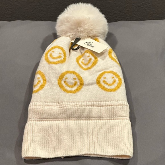 Cozy Glam Ivory Or Black Smiley Face Beanie w/Pom Pom NWT main image 6